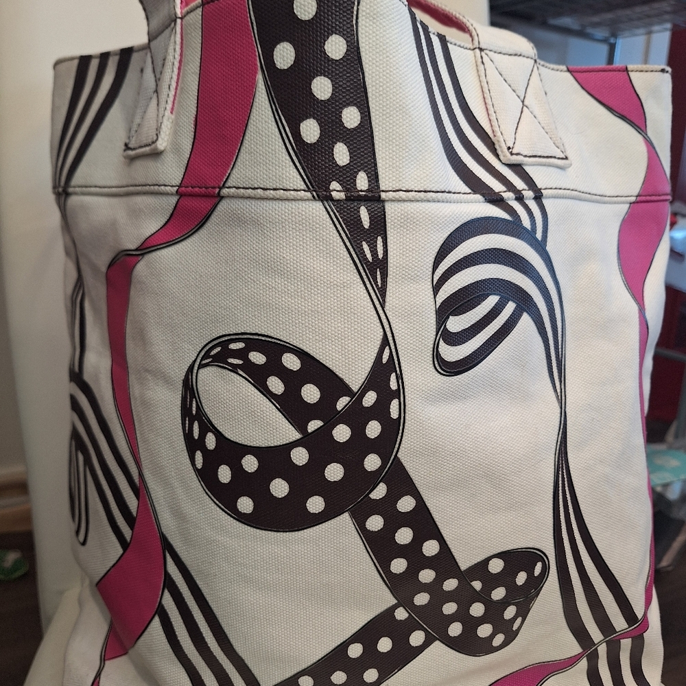 EUC Henri Bendel Pink & Black Bow Print Canvas Tote - Picture 5 of 6